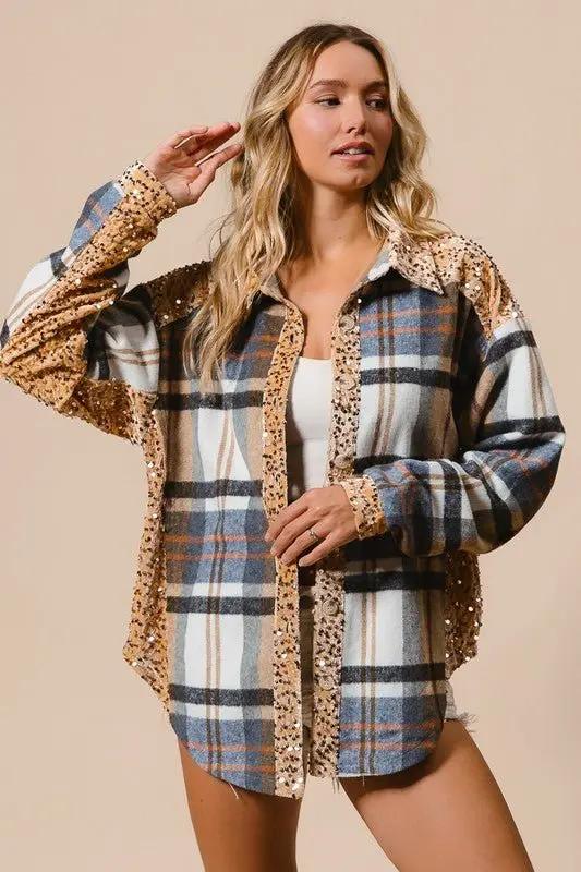 BiBi Curved Hem Sequin Plaid Button Up Shacket for Women - Love Salve